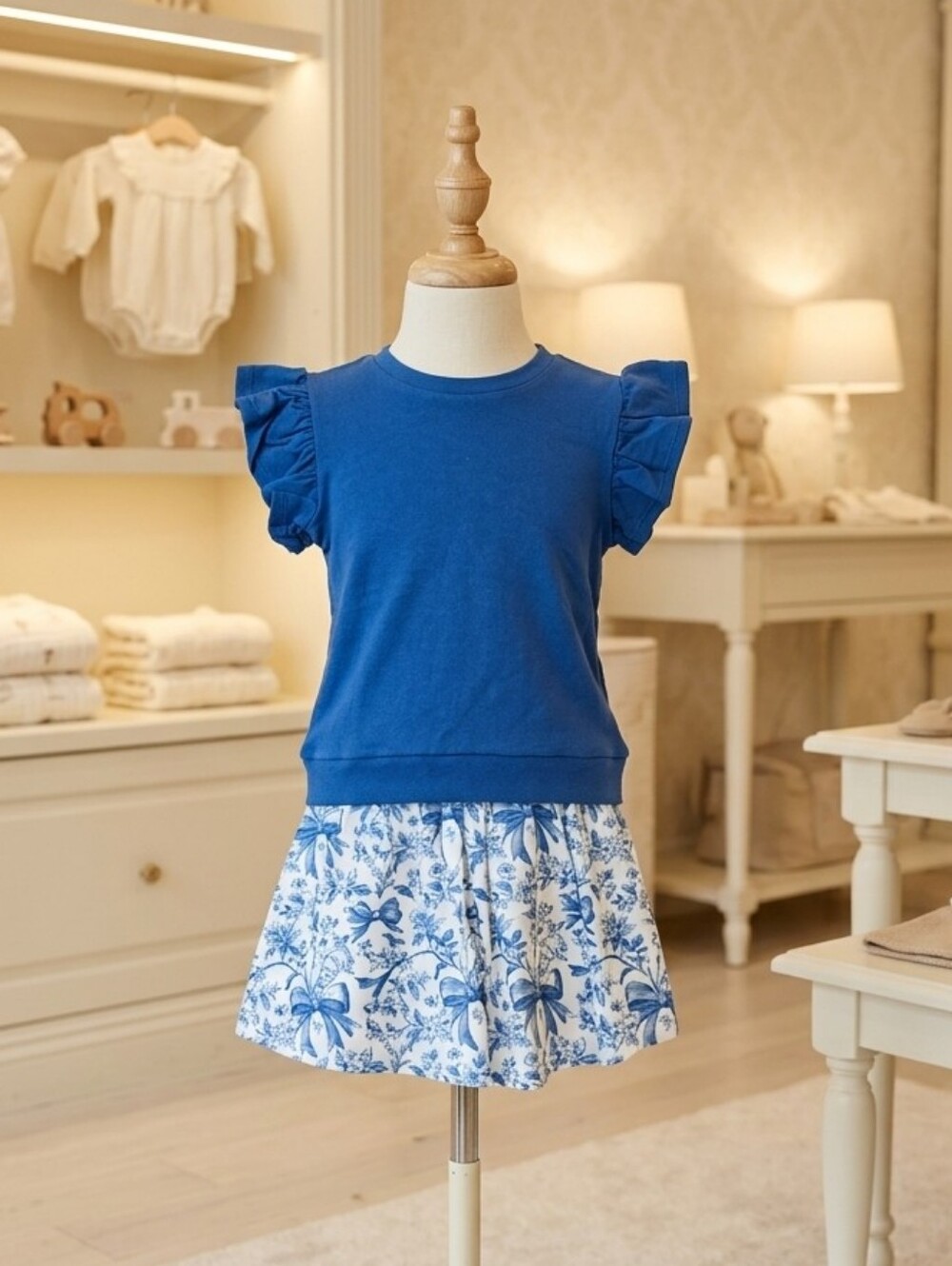 Millie Loves Lily Blue Flutter Top & Blue/White Bow Floral Skort Set | Sizes 6